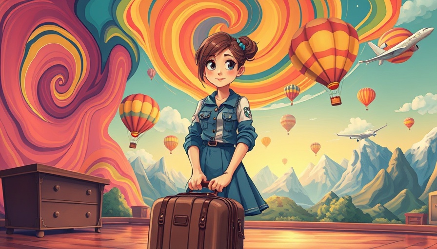 Fernweh emotional conflict: woman with suitcase in dreamlike scene.