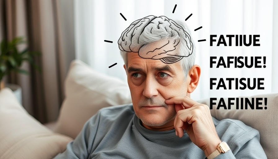 Mitochondrial health concept: Tired man with brain illustration.