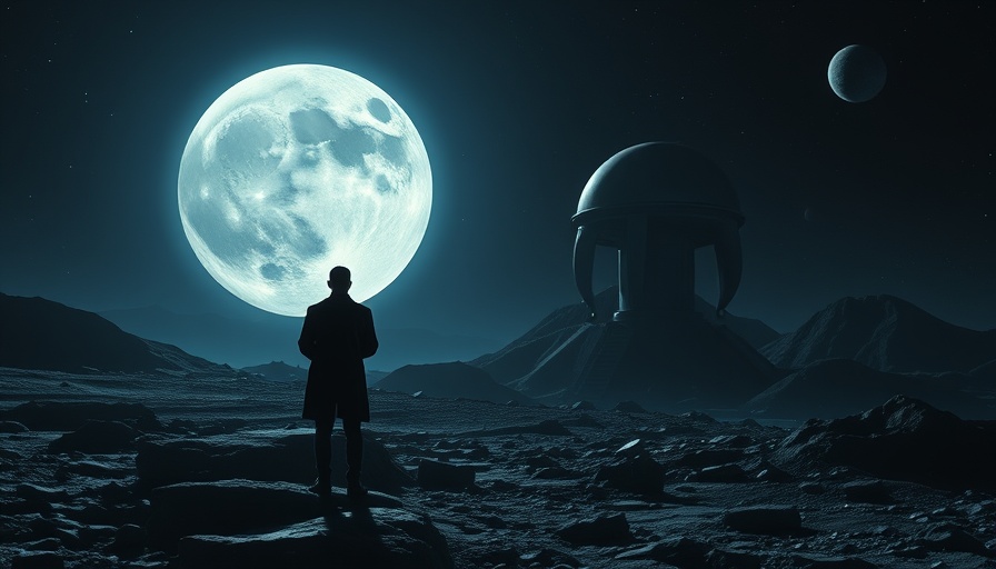Mysterious lunar ruins with alien figure and dome structure on moon.