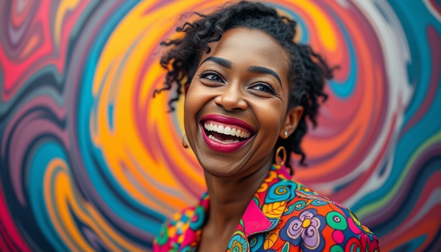 Joyful woman embracing self-love through personal style in colorful portrait.