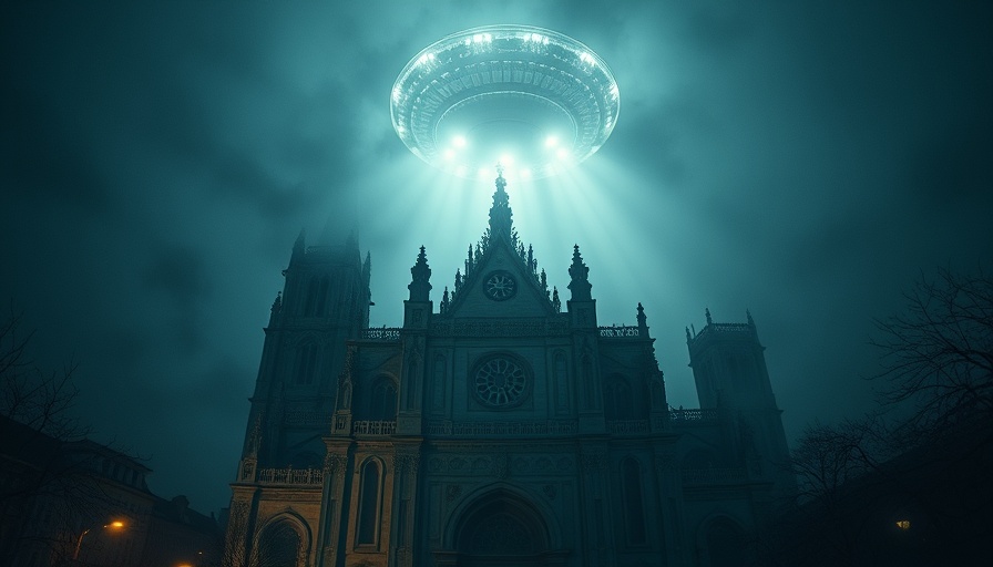 UFO hovers over cathedral in dramatic night scene related to UFO Disclosure and Spirituality.