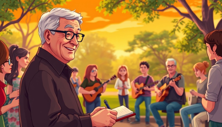 Meaningful life's simple joys, older man writing, cartoon style.