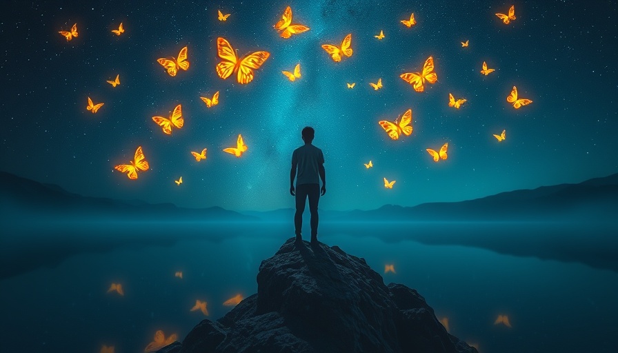 Solitary figure amidst glowing butterflies, symbolizing personal growth after loss.