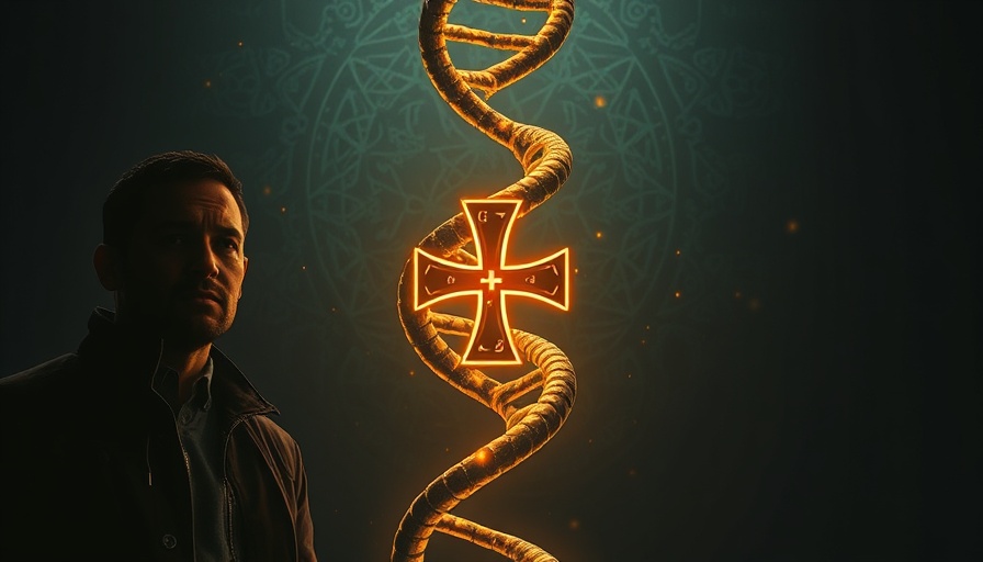 Dynamic illustration of DNA helix with cross, symbolic of Divine Origins and Quantum Thinking.