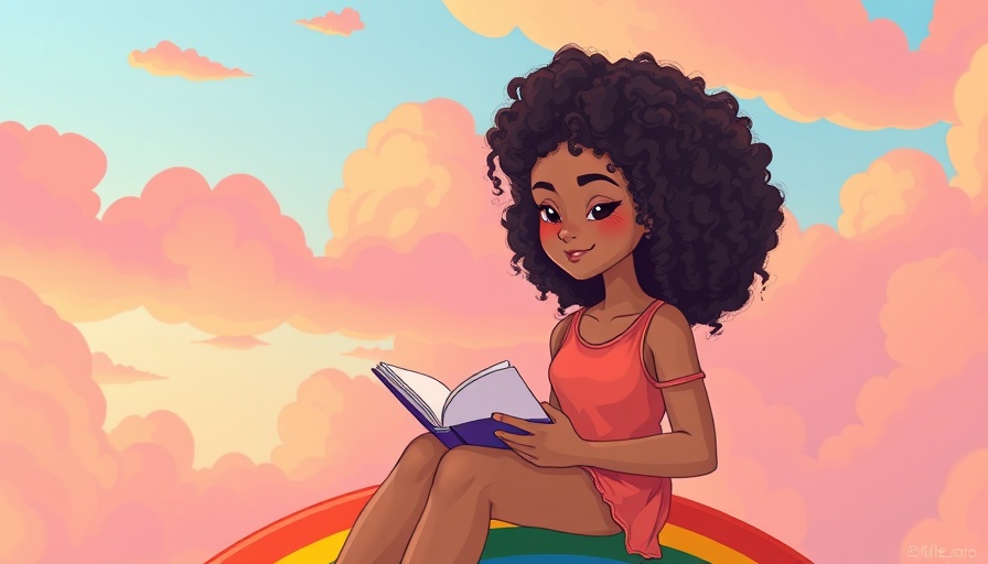 Young woman on a rainbow, journaling in the sky for self-discovery.