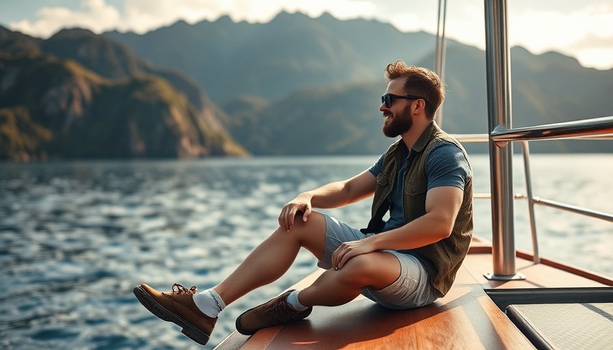 Casual man on a boat deck in serene mountain setting, adding salt to your water.