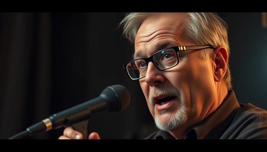 Middle-aged man speaking into microphone in dimly lit room.