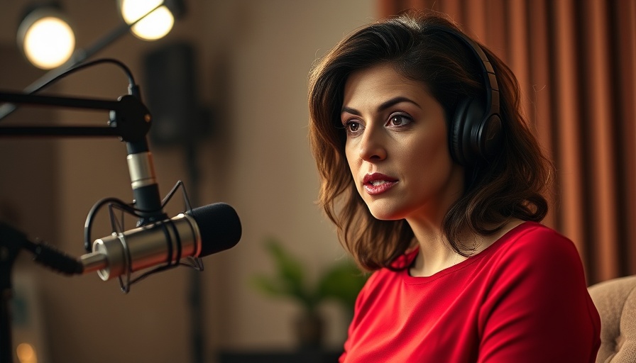 Confident woman discussing overcoming anhedonia on a podcast.