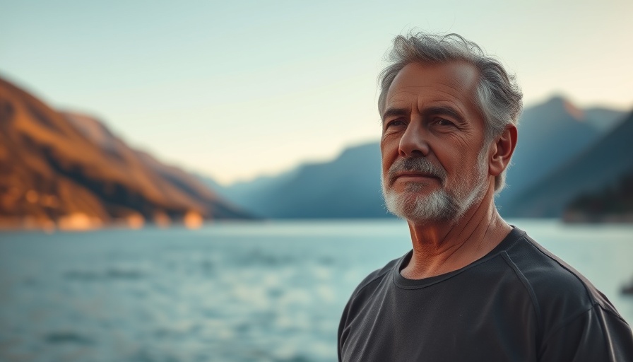 Mature man by peaceful scenery, highlighting personal growth after loss.