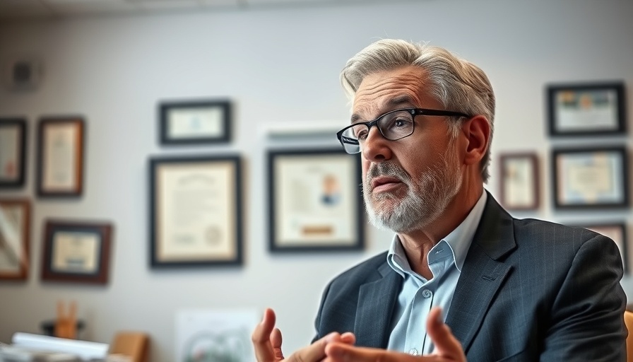 Mature man confidently speaking in office setting.
