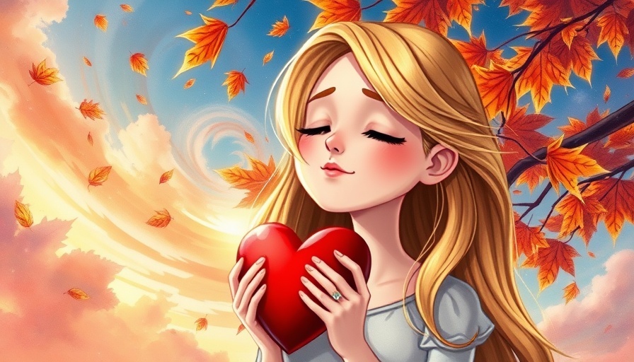 Cartoon woman choosing herself for emotional freedom, holding heart.