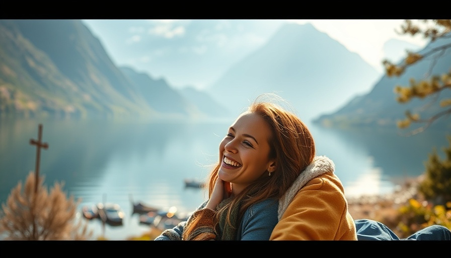 Joyful couple by lake smiling, capturing healing from grief moment.
