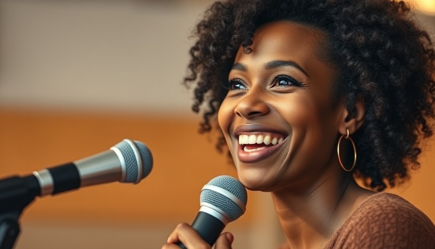 Smiling woman discussing grocery store lies, lively indoor setting