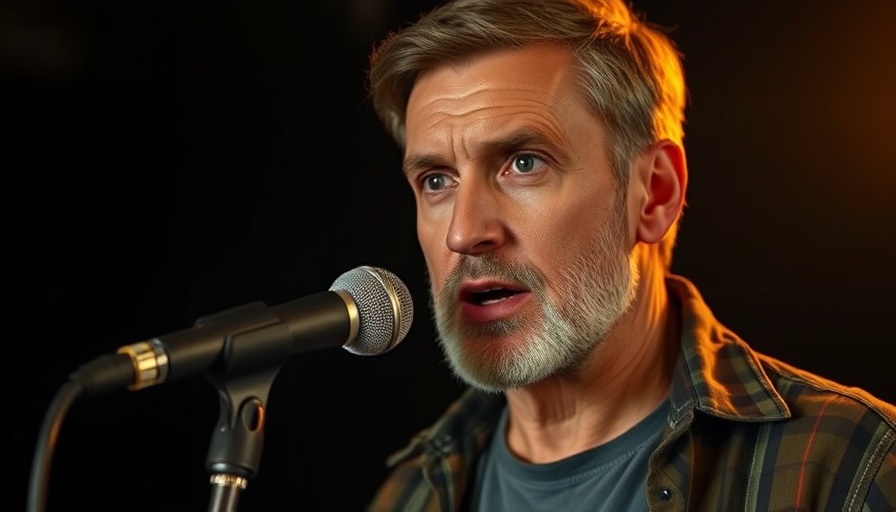 Mature man speaking passionately into a microphone in a studio.
