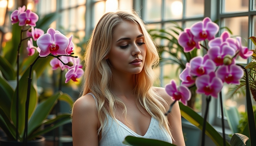 Blonde woman admiring orchids in a greenhouse, symbolizing trusting intuition for personal transformation.