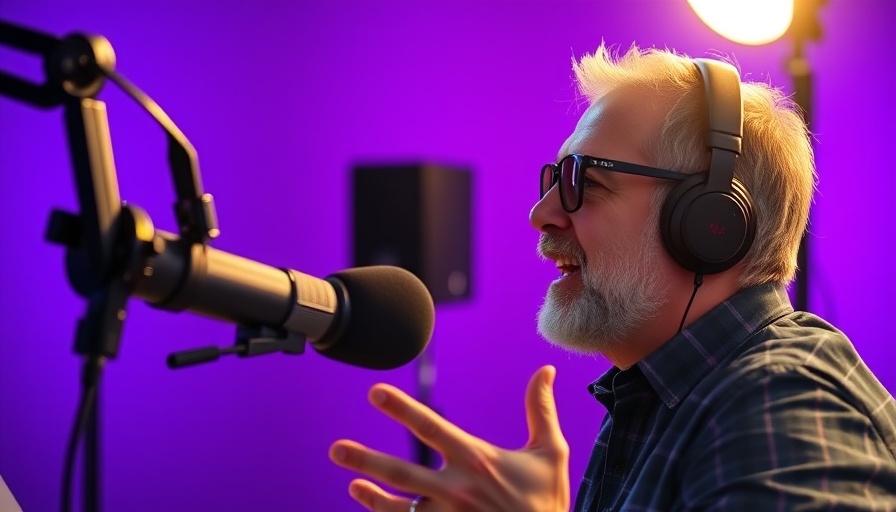 Man in podcast studio discussing topics with a focused expression.