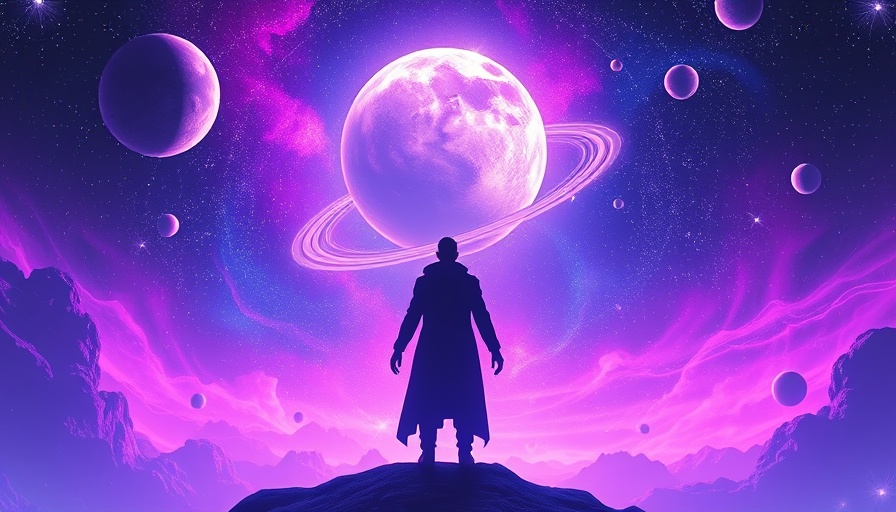Quantum Healing Hypnosis Technique cosmic illustration with human silhouette and planets, vibrant.