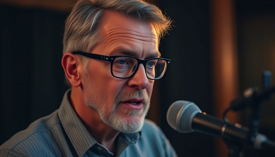 Man speaking into microphone in podcast setting, focused.