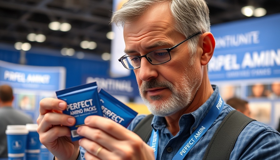 Middle-aged man at expo demonstrating Perfect Amino Stick Packs.
