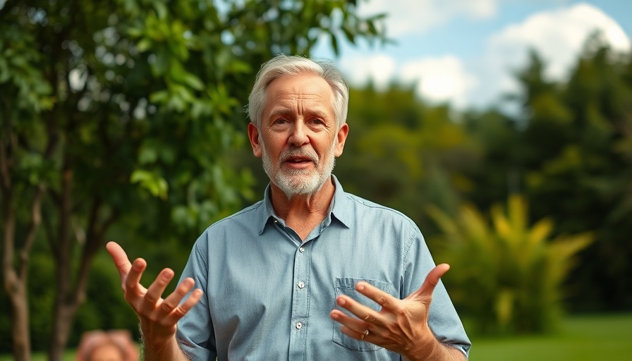 Middle-aged man's enthusiastic discussion on the carnivore diet benefits and risks outside.