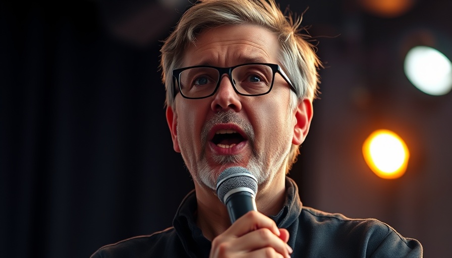 Man in glasses speaking into a microphone in a studio setting.