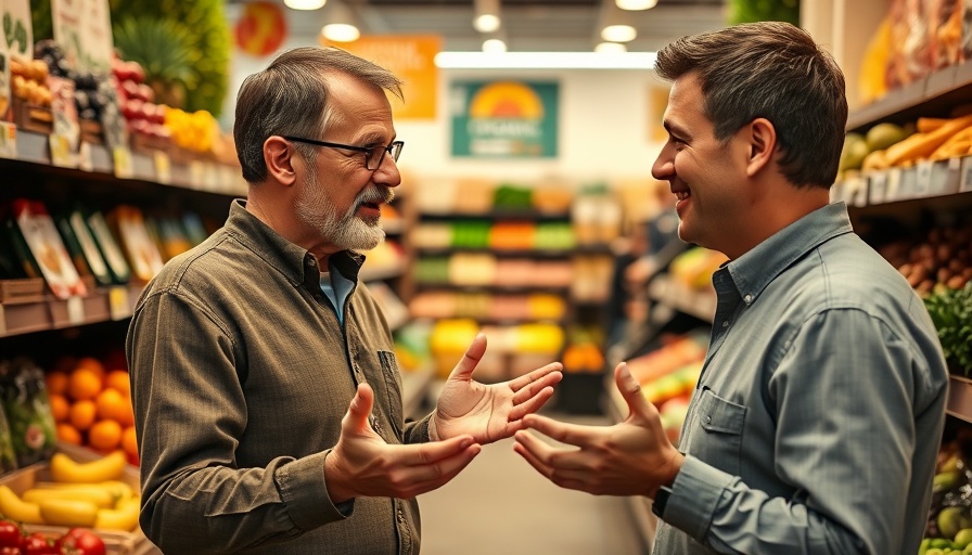 Middle-aged man discussing grocery shopping tips in a store aisle.