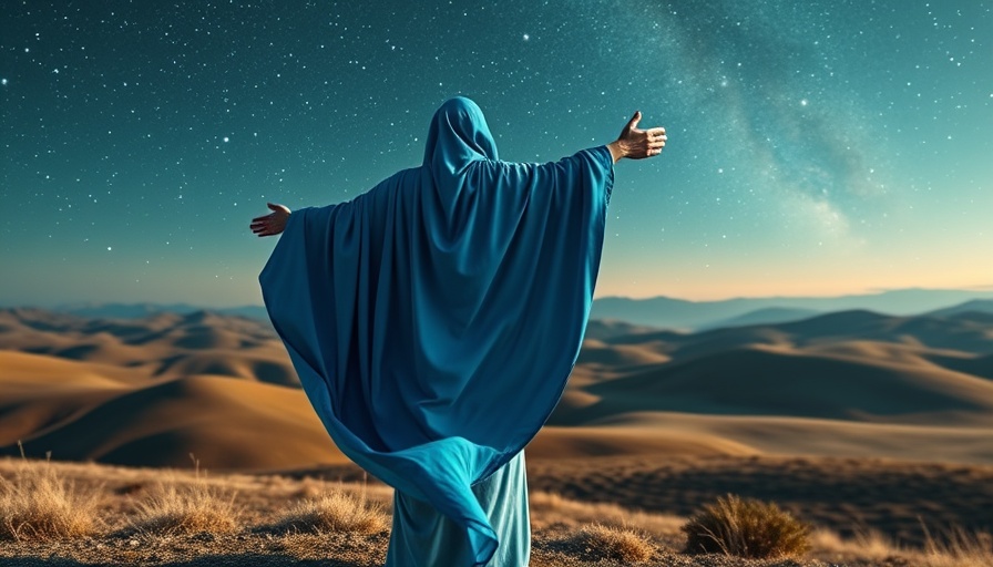 Mystical figure in landscape, Quantum Healing Hypnosis Technique scene.