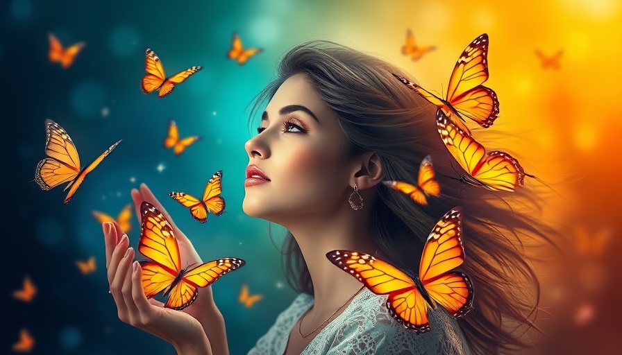 Dreamy woman with butterflies symbolizing growth and transformation.