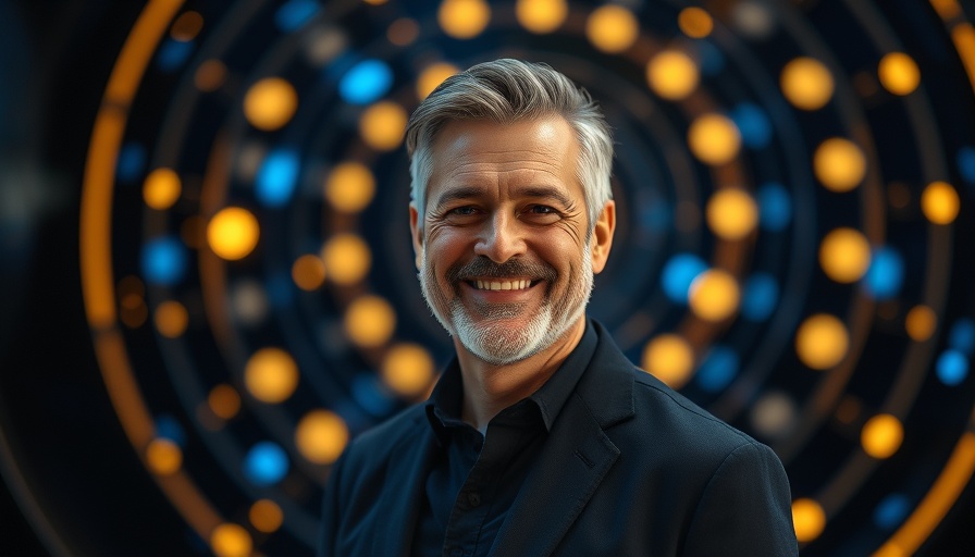 Futuristic backdrop with a smiling man, Gene Key Purpose and Prosperity theme.