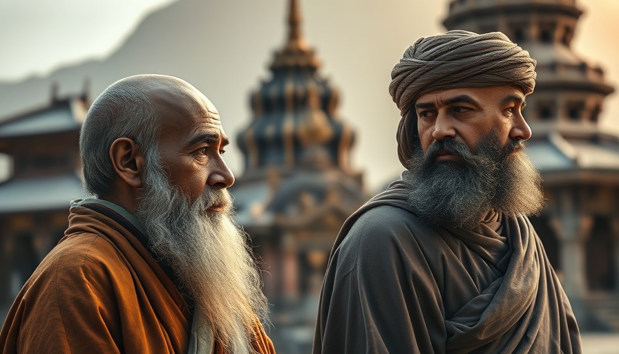 Spiritual figures in ancient setting with golden lighting.