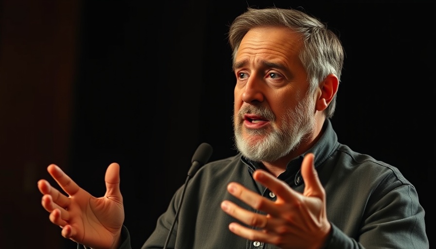 Middle-aged man discussing ideas for human optimization in a dark setting.