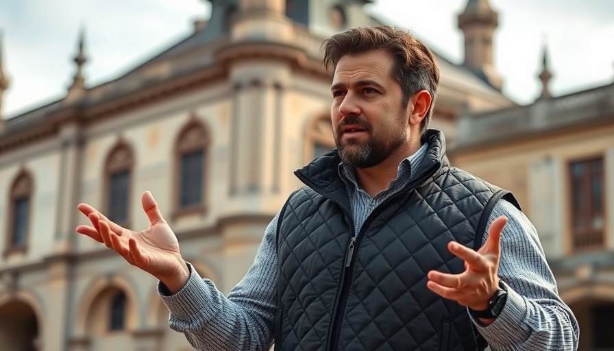 Man discussing biohacking in front of historical building.