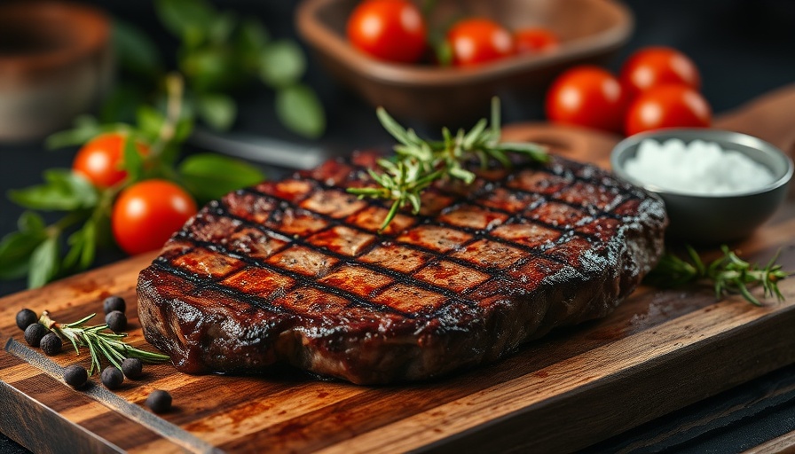 Grilled steak with herbs on wooden board at kosher restaurant.