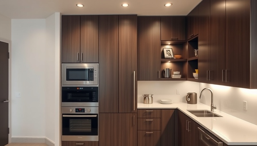 Modern kitchen in North Burnet Apartments Development with dark cabinets.