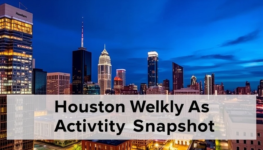 Houston downtown skyline at dusk with 'Houston Weekly Activity Snapshot' text, reflecting the 2025 housing market.