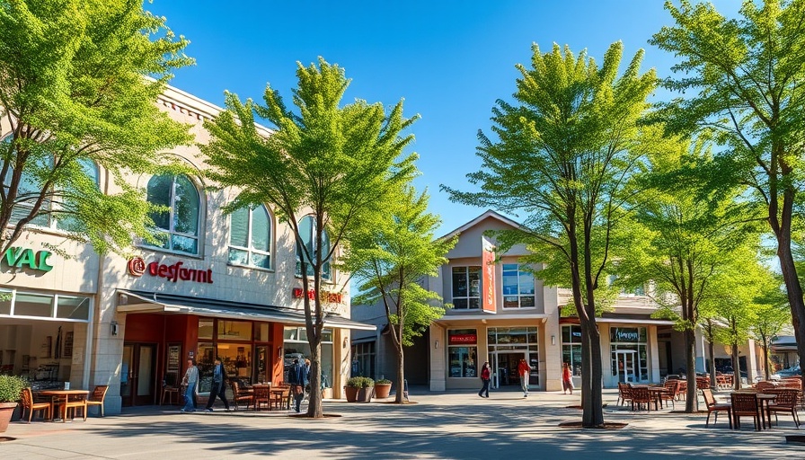 Austin commercial lease properties in a shopping plaza with modern signs, daytime.