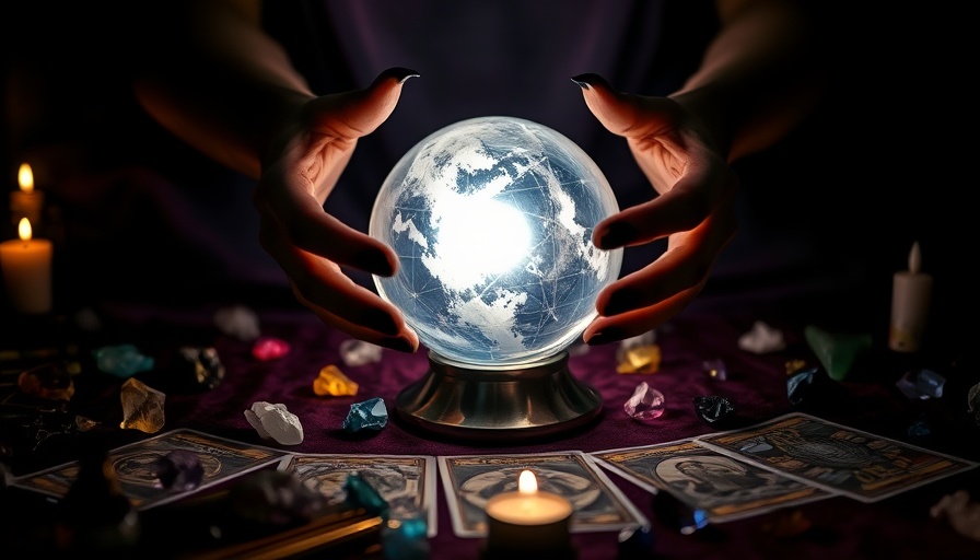 Mystical hands with crystal ball and crystals at Austin witchcraft event.