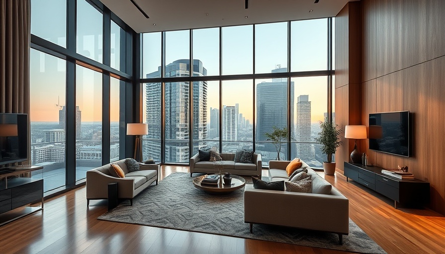 Luxury apartment living room with city view, modern and elegant.