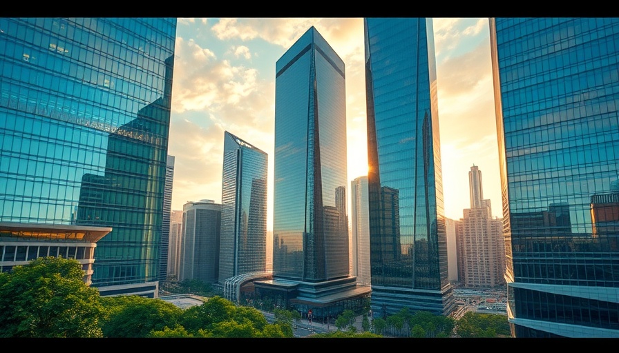 Modern glass buildings in northwest Houston reflect cityscape.