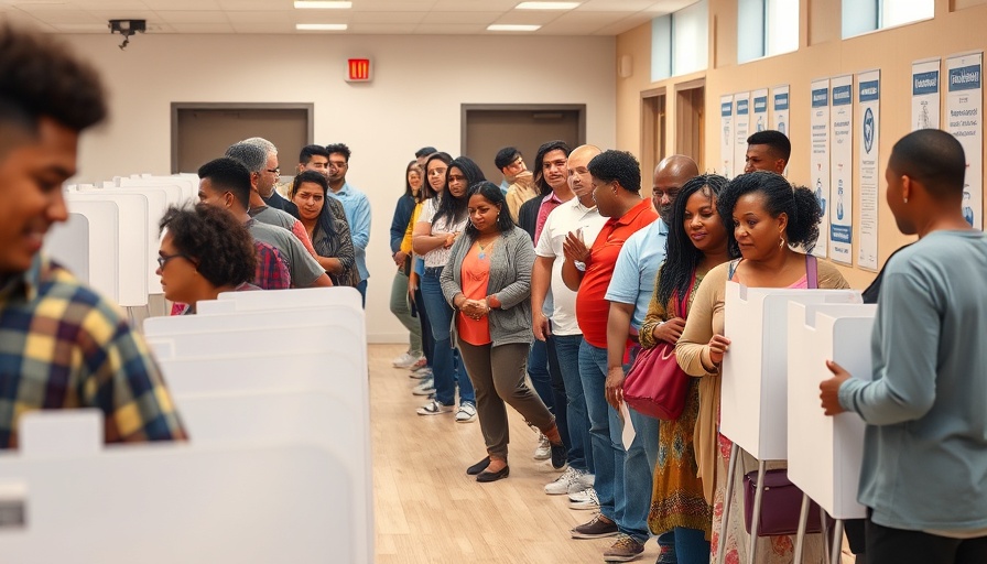 Early voting in Harris County, diverse group at polling station.