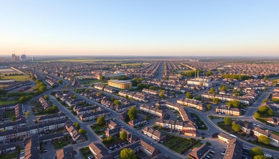 Suburban neighborhood with text overlay about platform update.