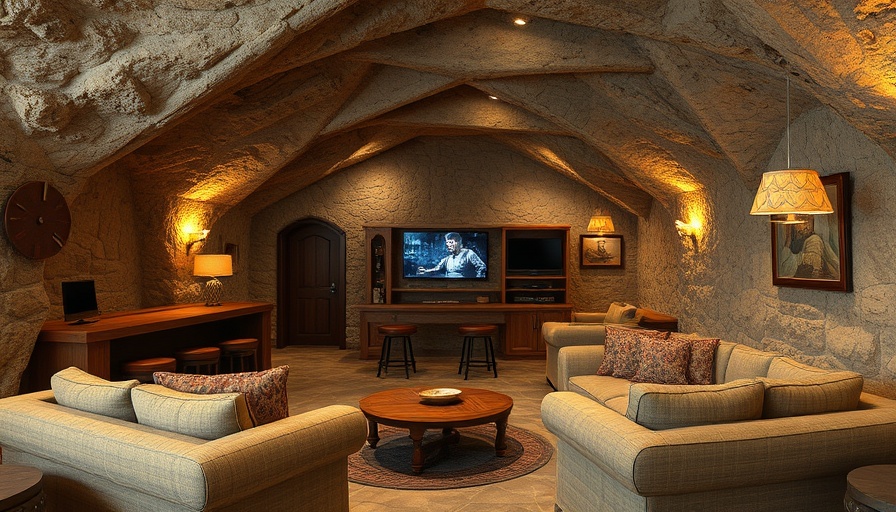 Stylish literal man cave home with stone walls and bar.