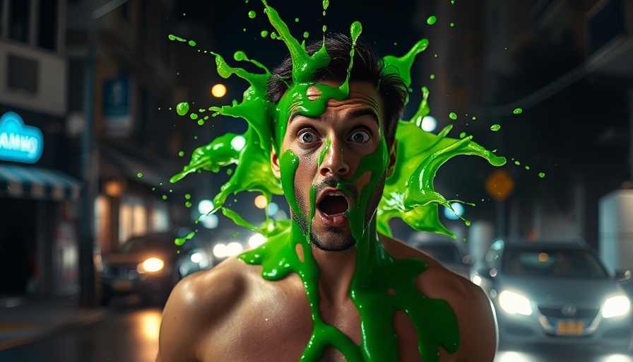 Austin Community News: Surprised man splashed with green liquid outdoors.