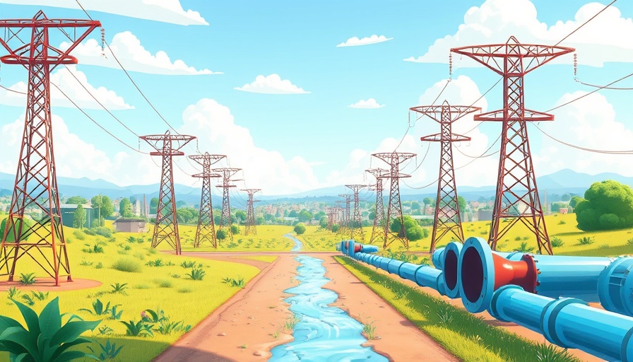 Illustration of Texas infrastructure improvements with power lines and water pipes.