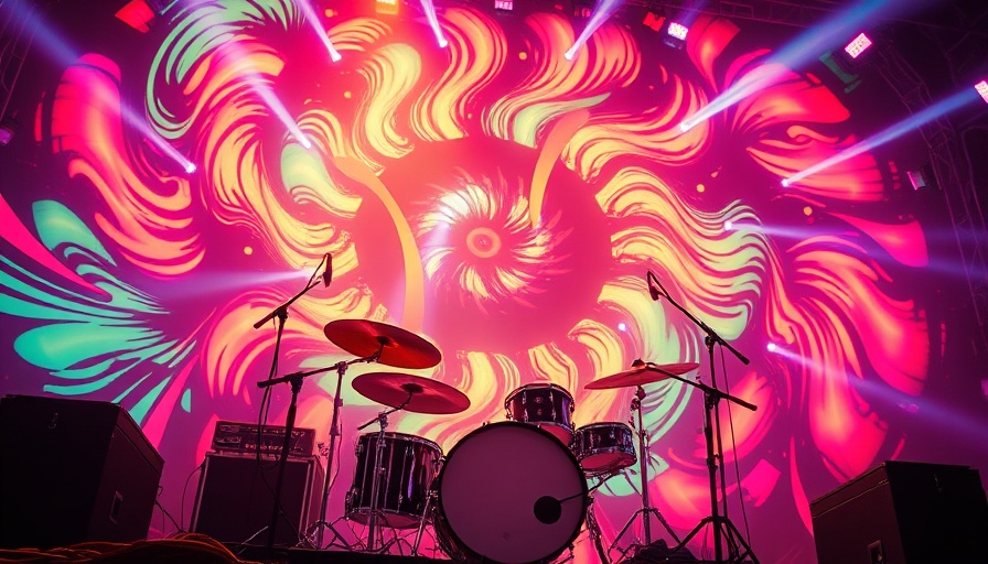Colorful swirl at Levitation Festival Austin 2025 with drum set.