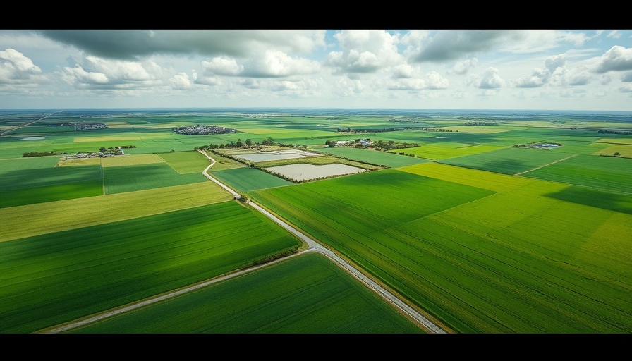 Aerial view of green fields and pond, related to master-planned villages in Houston.