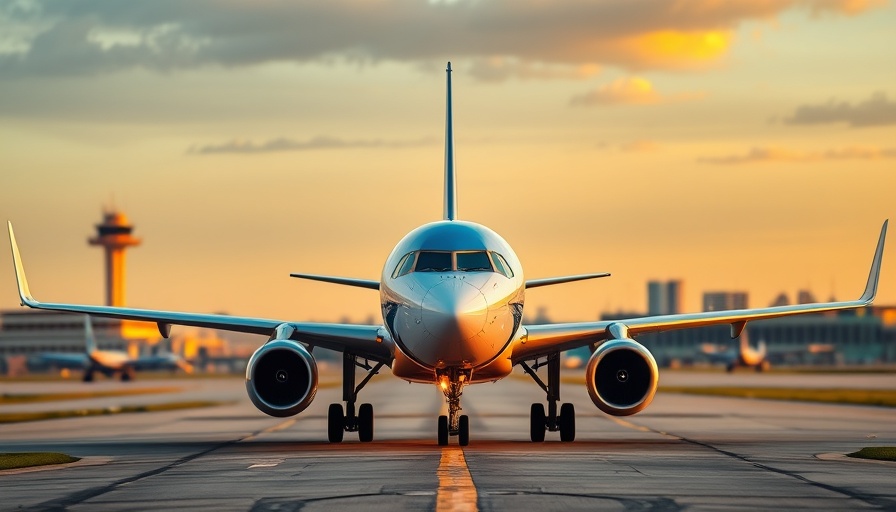 Commercial airplane on Austin runway at sunset.