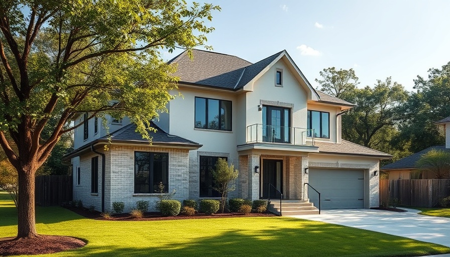 Modern Houston suburb home with lush yard on a sunny day.