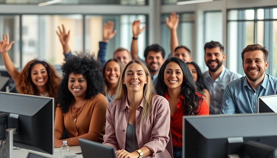 Diverse contract workers celebrating wage increase in office, joyful scene.