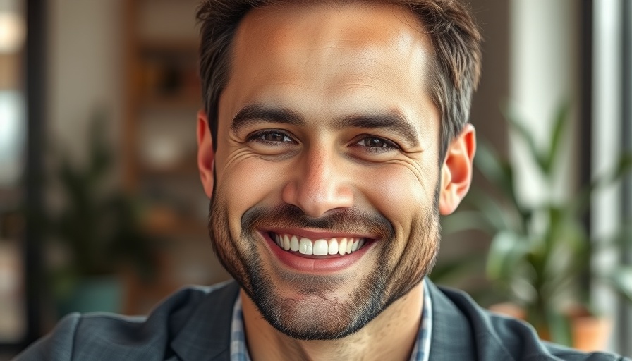 Confident man smiling indoors with blurred plant in the background.